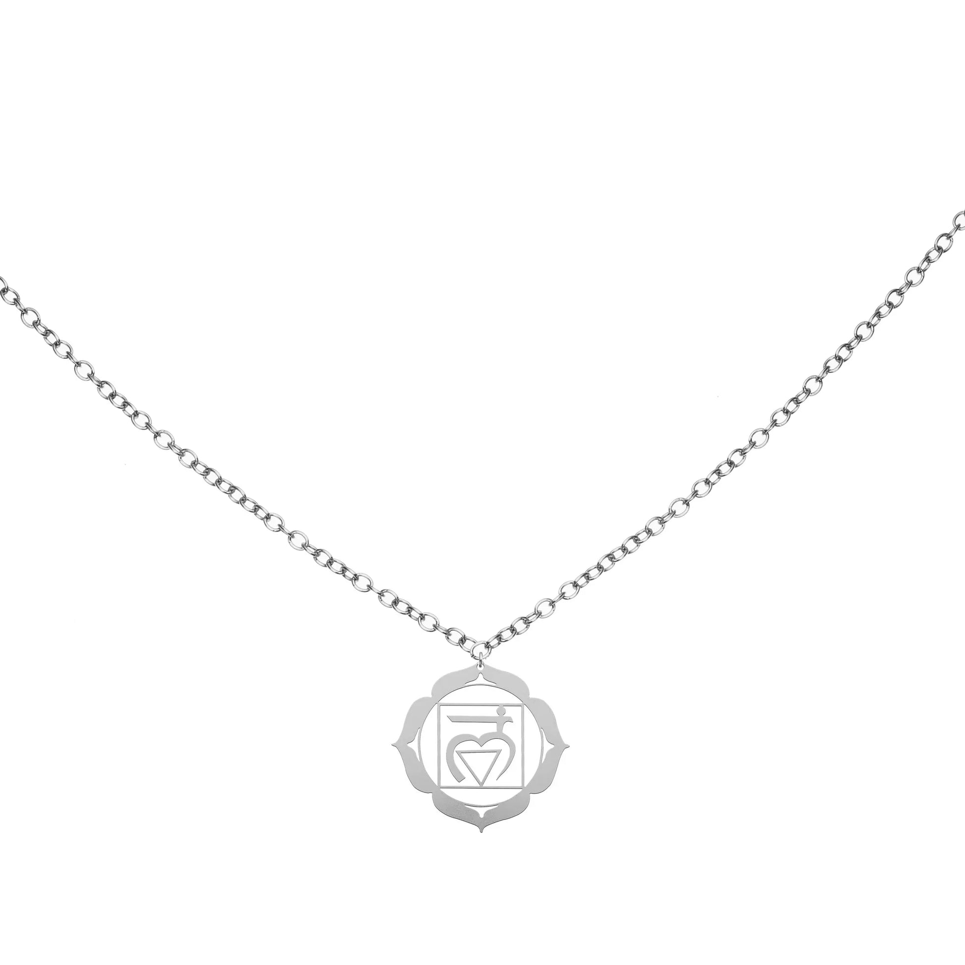 Root Chakra Coin Necklace featuring grounding symbol pendant on silver chain, displayed on white background