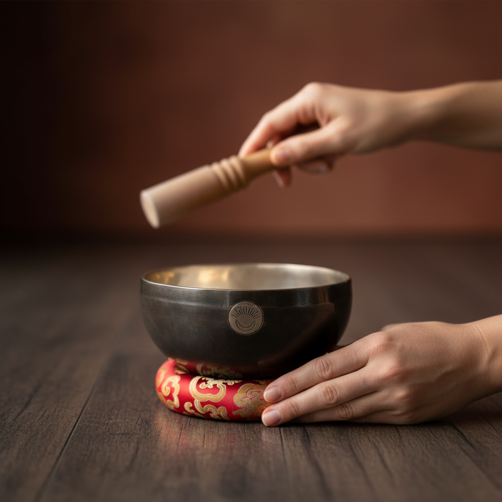 Hands holding and playing a Root Chakra New Moon singing bowl with a wooden striker while the bowl rests on a red patterned cushion on a wooden surface. — for Carpe Diem Dream