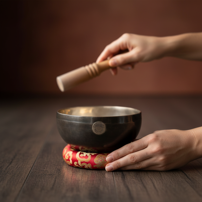 Hands holding and playing a Root Chakra New Moon singing bowl with a wooden striker while the bowl rests on a red patterned cushion on a wooden surface. — for Carpe Diem Dream