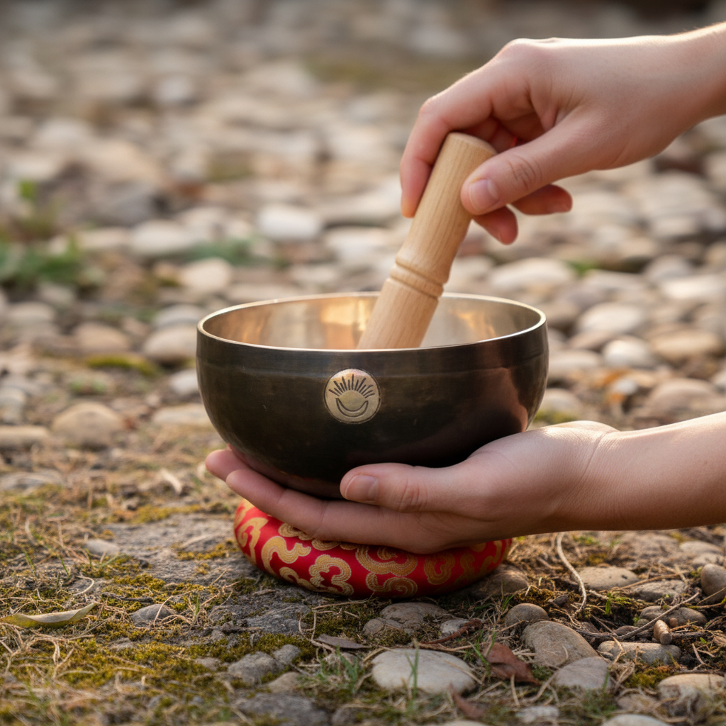 Hands holding and playing a Root Chakra New Moon singing bowl with a wooden striker while the bowl rests on a red patterned cushion outdoors on a natural stone surface. — for Carpe Diem Dream