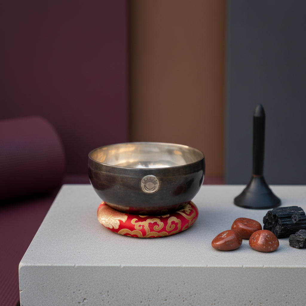 Root Chakra New Moon singing bowl with engraved sun and moon symbol resting on a red patterned cushion beside grounding stones and a meditation bell on a calm neutral platform. — for Carpe Diem Dream