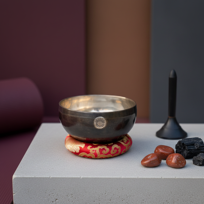 Root Chakra New Moon singing bowl with engraved sun and moon symbol resting on a red patterned cushion beside grounding stones and a meditation bell on a calm neutral platform. — for Carpe Diem Dream