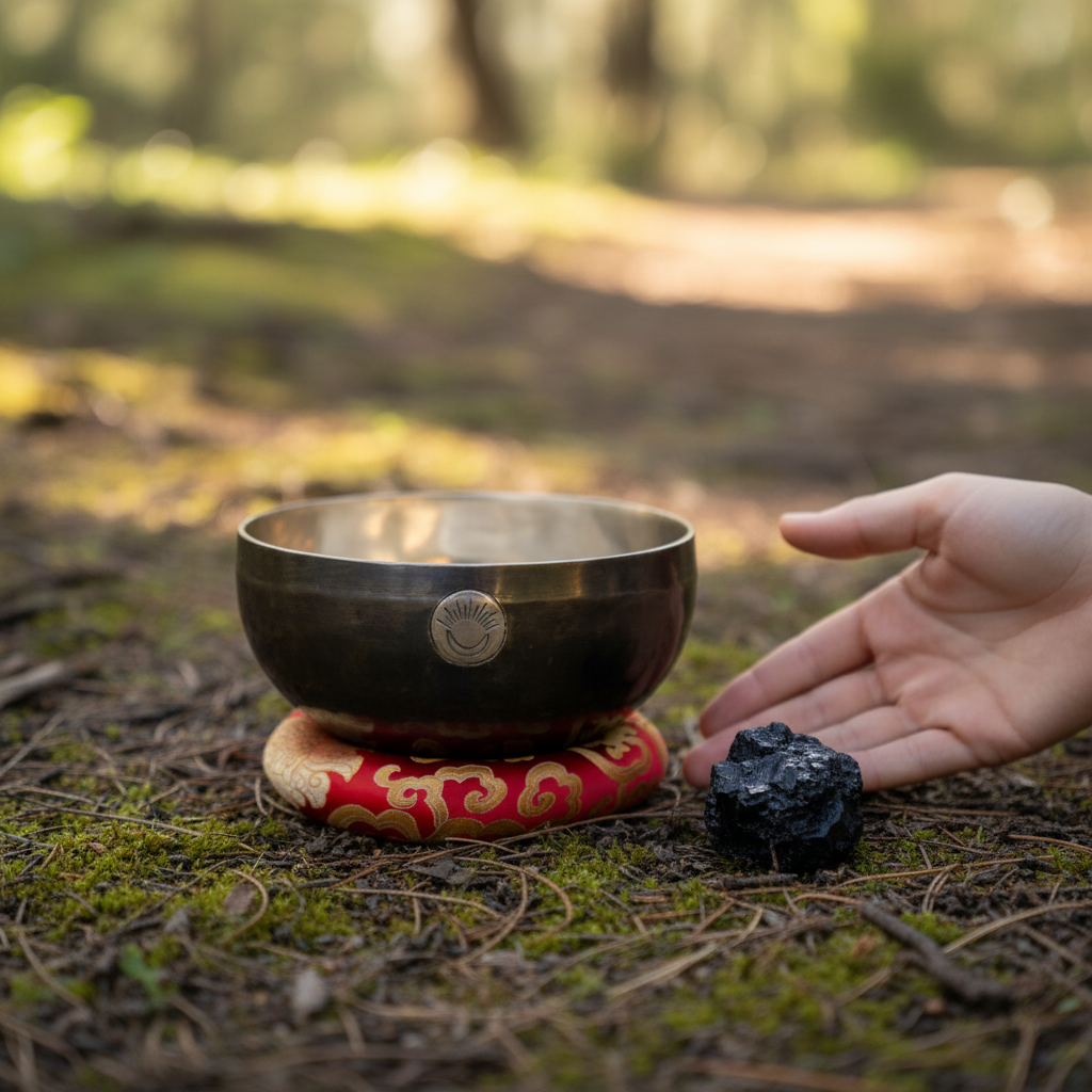 Root Chakra New Moon singing bowl with engraved sun and moon symbol resting on a red patterned cushion beside a grounding stone with a hand showing scale on a natural forest floor. — for Carpe Diem Dream