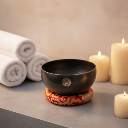 Root Chakra New Moon singing bowl with engraved sun and moon symbol resting on a red patterned cushion beside lit candles and rolled spa towels on a calm neutral surface. — for Carpe Diem Dream