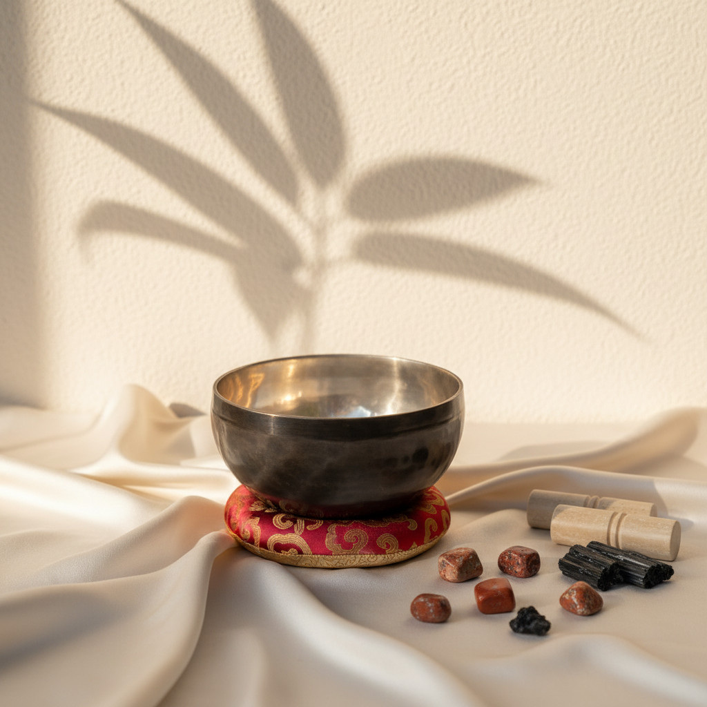 Root Chakra New Moon singing bowl with engraved sun and moon symbol resting on a red patterned cushion with wooden striker and grounding stones on soft draped fabric with botanical shadow background. — for Carpe Diem Dream