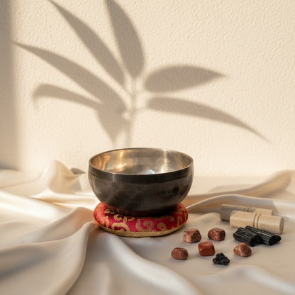 Root Chakra New Moon singing bowl with engraved sun and moon symbol resting on a red patterned cushion with wooden striker and grounding stones on soft draped fabric with botanical shadow background. — for Carpe Diem Dream