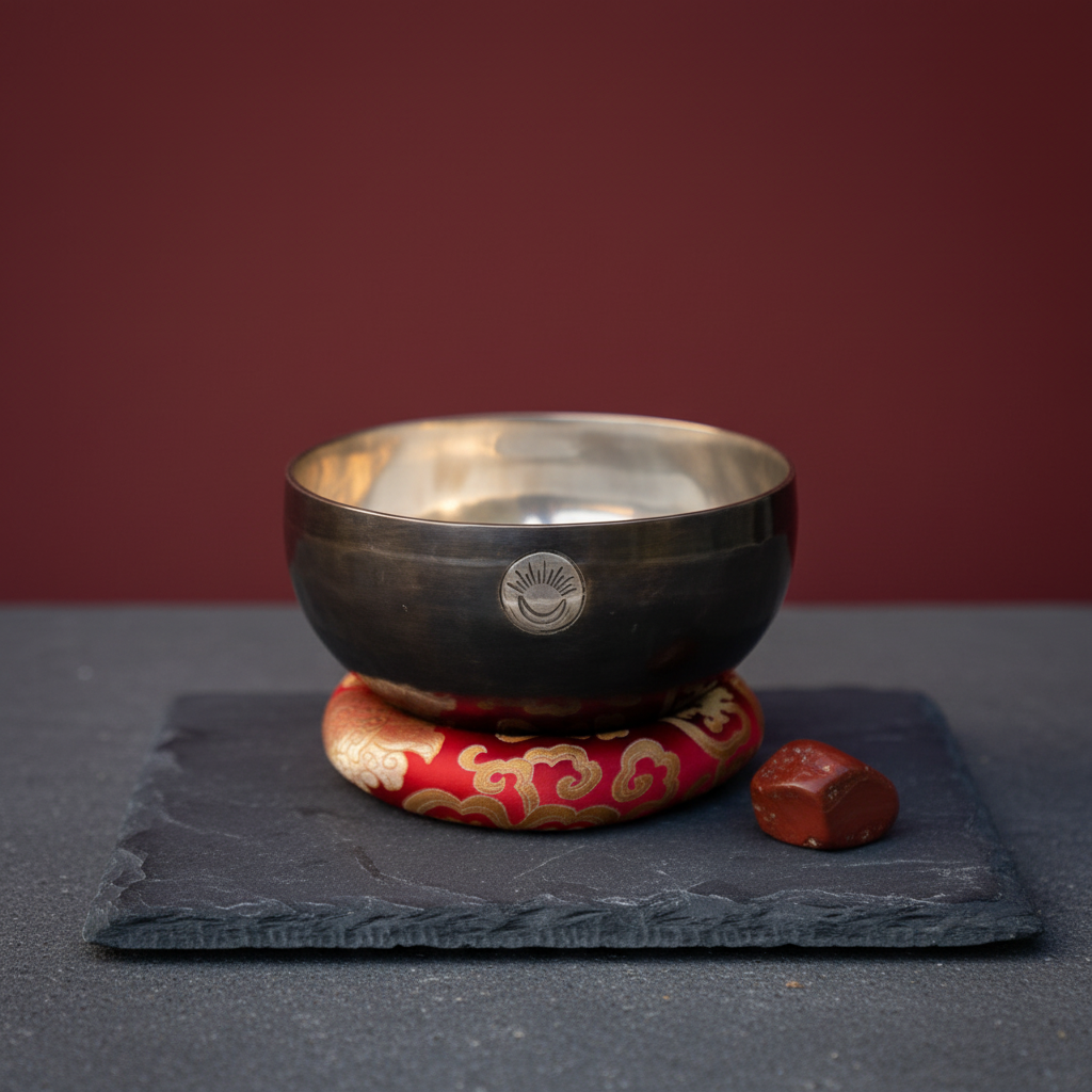 Root Chakra New Moon singing bowl with engraved sun and moon symbol resting on a red patterned cushion displayed on a slate platform with a deep red studio background. — for Carpe Diem Dream
