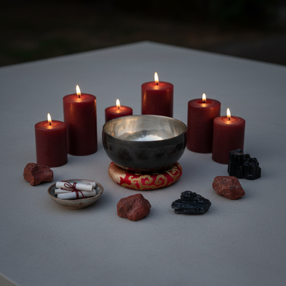 Root Chakra New Moon singing bowl with engraved sun and moon symbol resting on a red patterned cushion surrounded by lit red candles and grounding stones in a ritual arrangement. — for Carpe Diem Dream