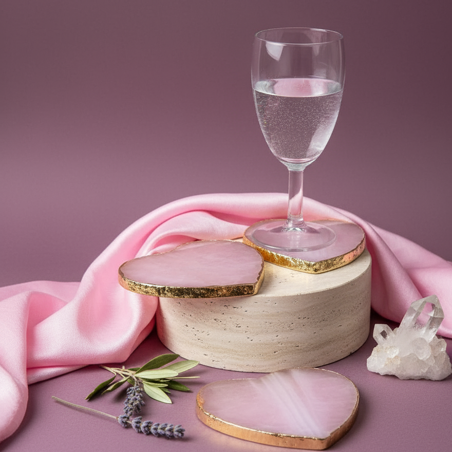 Two heart-shaped rose quartz coasters with gold edging displayed beneath mug and glass on neutral tabletop. — for Carpe Diem Dream
