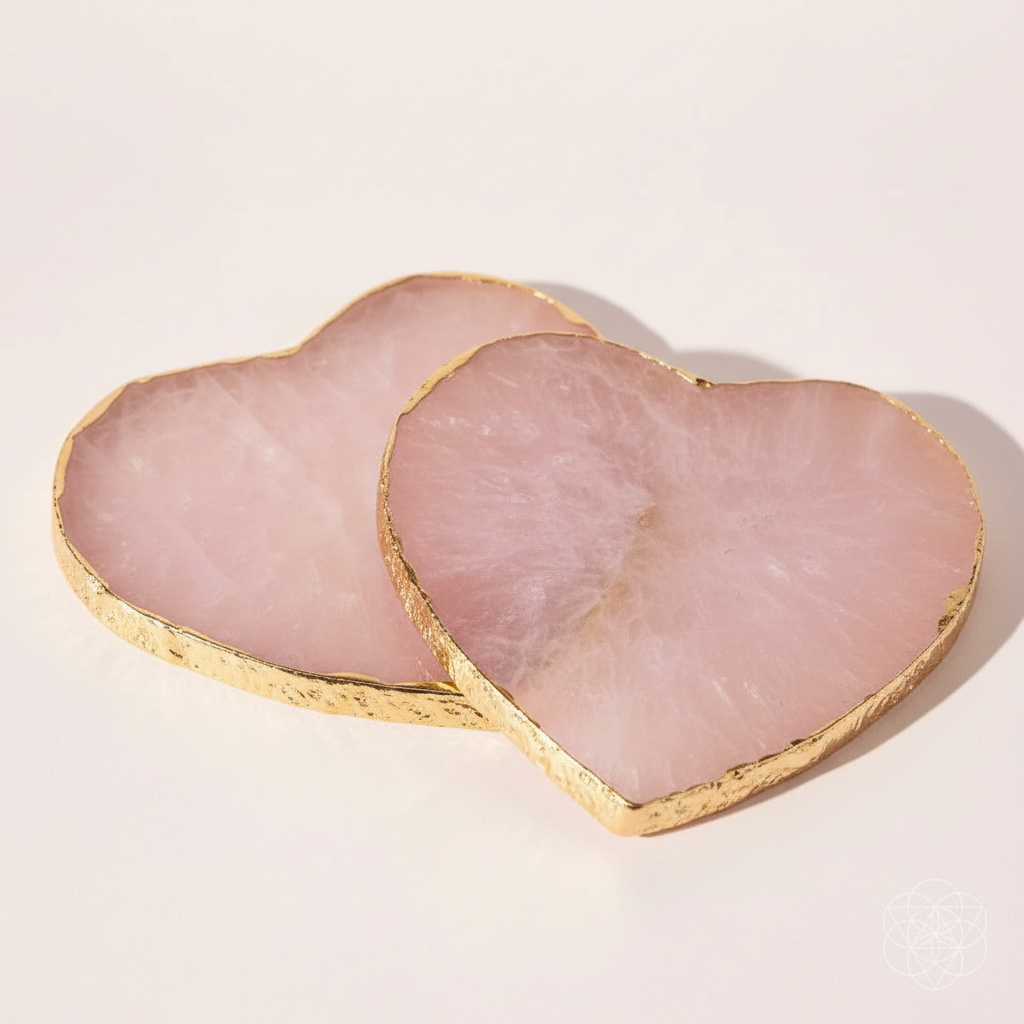 Two heart-shaped rose quartz coasters with gold edging displayed on soft blush backdrop. — for Carpe Diem Dream