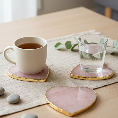 Two heart-shaped rose quartz coasters with gold edging displayed beneath mug and glass on neutral tabletop. — for Carpe Diem Dream