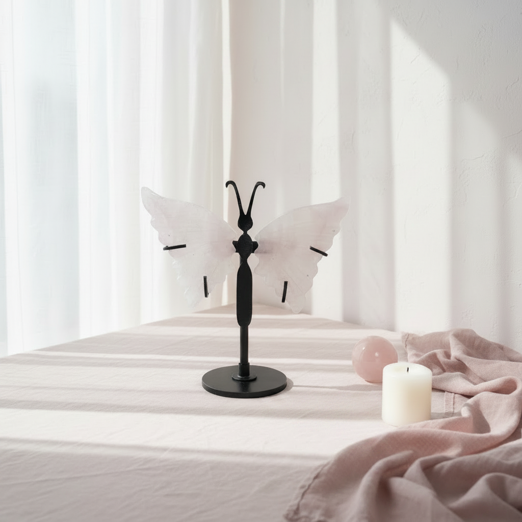 Rose quartz crystal butterfly wings on a black stand styled on a linen-covered table with soft window light, a candle, and a rose quartz sphere in a calm home setting. — for Carpe Diem Dream