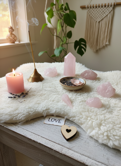 Rose Quartz crystal pendulum displayed in a peaceful altar scene with candles, incense, pink crystals, and soft textures under warm natural light – for Carpe Diem Dream.