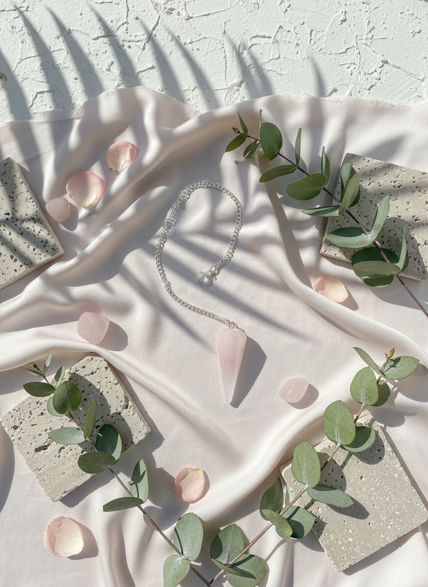Rose Quartz crystal pendulum displayed on soft ivory silk with travertine tiles, eucalyptus leaves, and natural sunlight casting soft shadows – for Carpe Diem Dream.