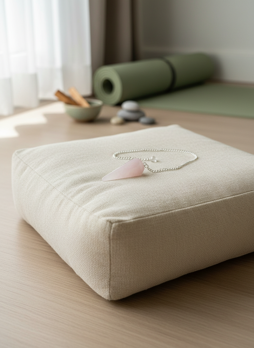 Rose Quartz crystal pendulum resting on a beige meditation cushion with yoga mats, singing bowl, and natural sunlight filling the serene space – for Carpe Diem Dream.