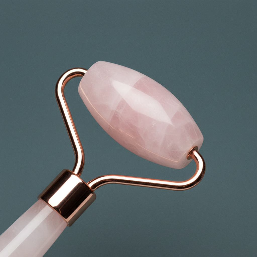 A close-up view of the polished rose quartz roller head and rose gold frame of a dual-ended facial roller on a muted sage textured background. — for Carpe Diem Dream