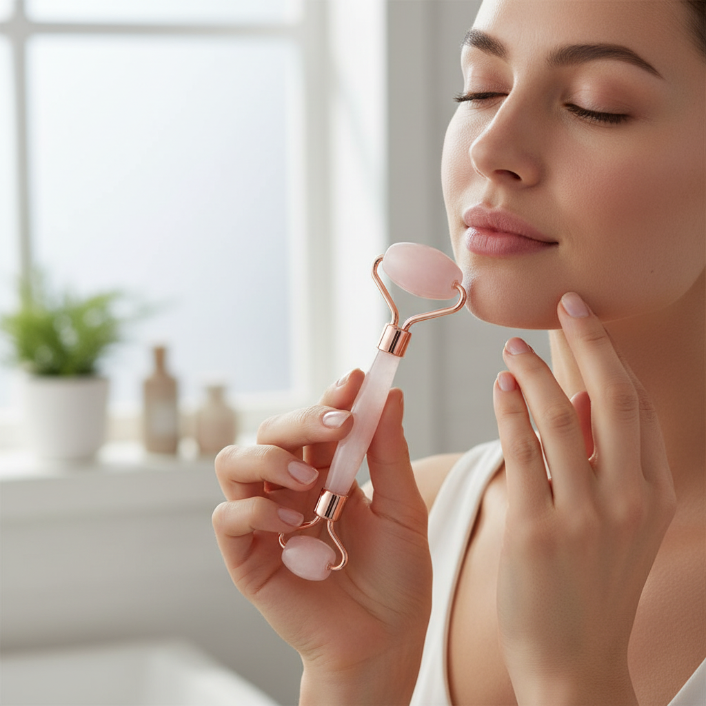 A woman gently using a rose quartz facial roller on her cheek during a calming skincare ritual near a softly lit window. — for Carpe Diem Dream