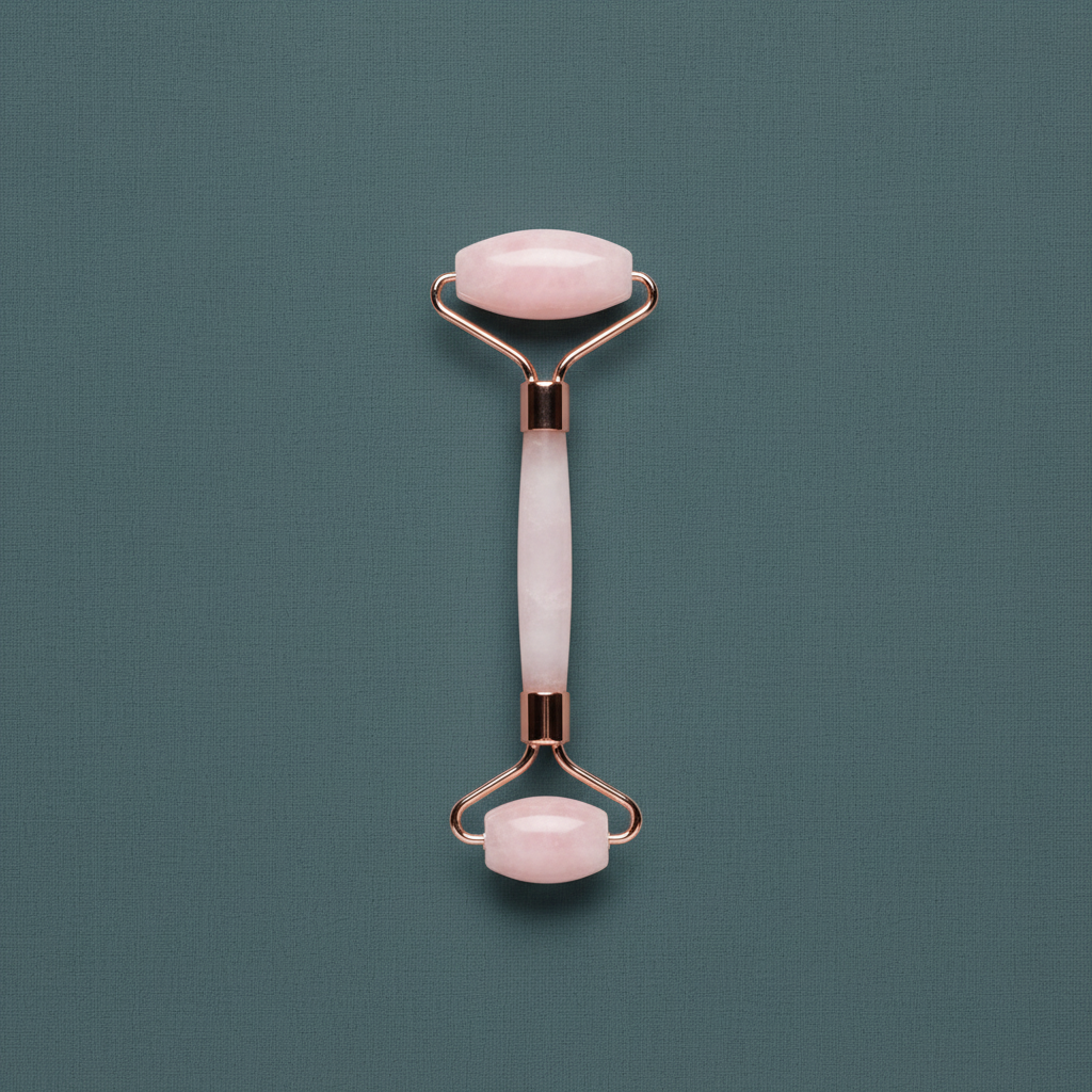 A dual-ended rose quartz facial roller with polished crystal rollers and rose gold frame displayed upright on a muted sage textured background. — for Carpe Diem Dream
