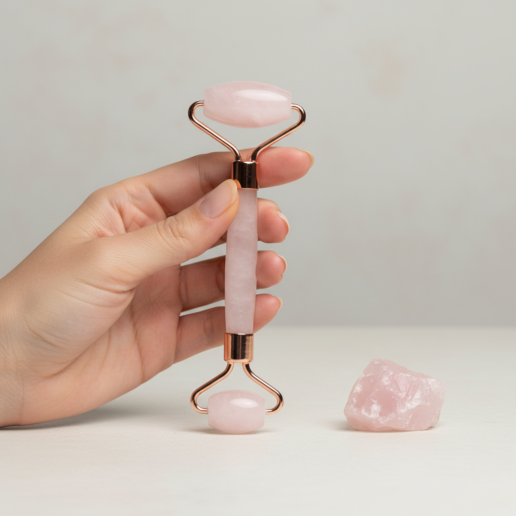 A hand holding a dual-ended rose quartz facial roller beside a small raw rose quartz stone to demonstrate the size of the skincare tool. — for Carpe Diem Dream