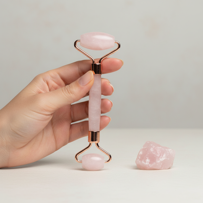 A hand holding a dual-ended rose quartz facial roller beside a small raw rose quartz stone to demonstrate the size of the skincare tool. — for Carpe Diem Dream