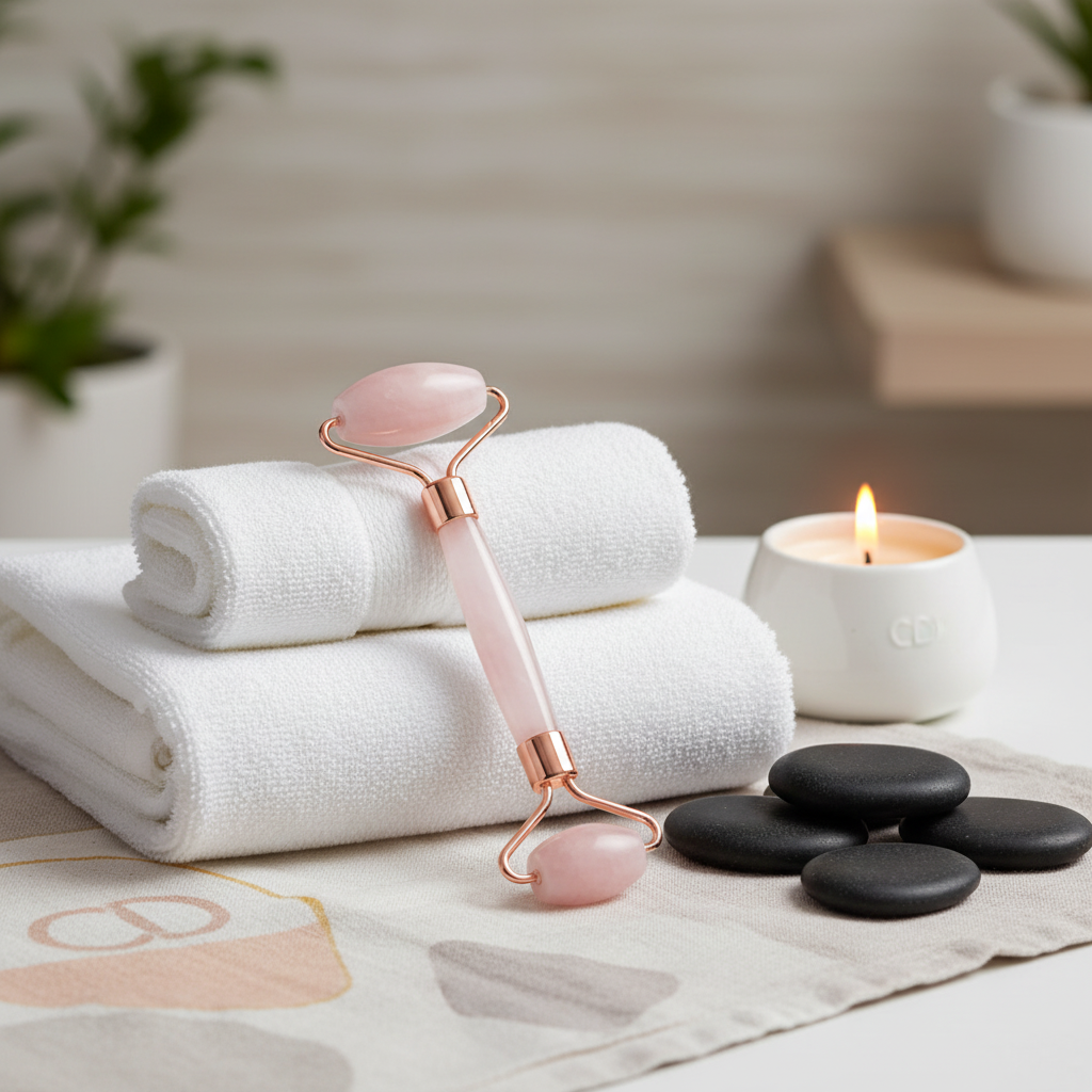 A rose quartz facial roller resting on folded spa towels beside smooth black stones and a lit candle in a calming self-care setting. — for Carpe Diem Dream