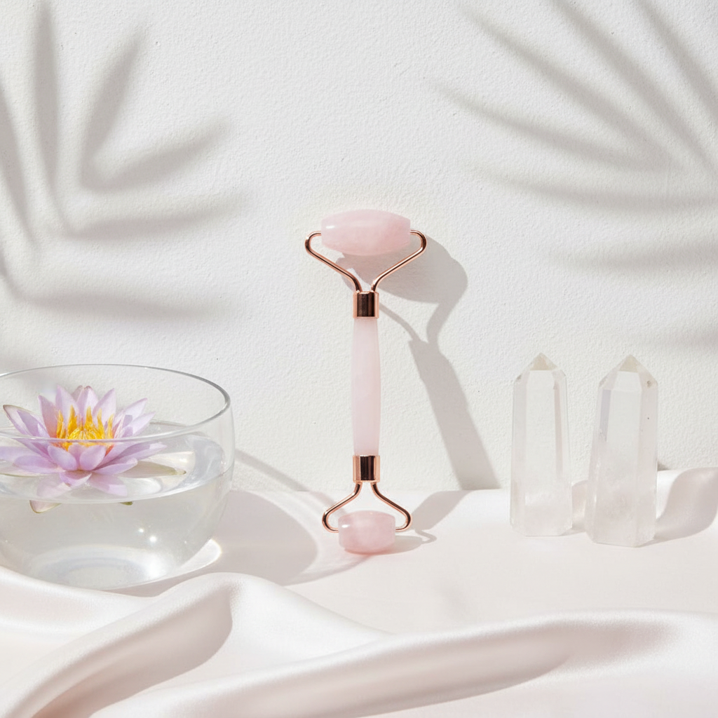 A rose quartz facial roller standing upright beside clear quartz crystals and a floating lotus flower bowl on a soft white botanical spa setting. — for Carpe Diem Dream