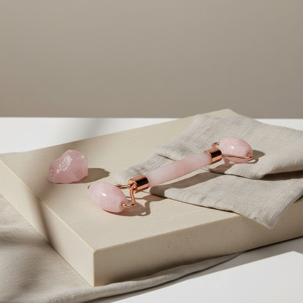 A rose quartz facial roller resting on a neutral pedestal with a folded linen cloth and small raw rose quartz stones in a soft studio setting. — for Carpe Diem Dream