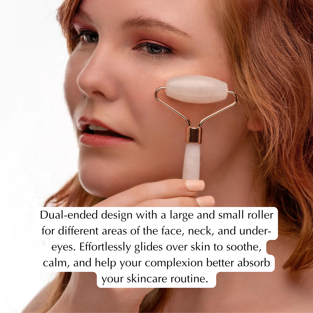 A woman using a rose quartz facial roller on her cheek with text explaining the dual-ended rollers for face, neck, and under-eye care. — for Carpe Diem Dream