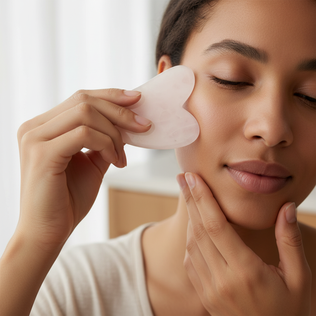 A woman gently using a rose quartz gua sha facial tool on her cheek with eyes closed in a calm skincare setting. — for Carpe Diem Dream