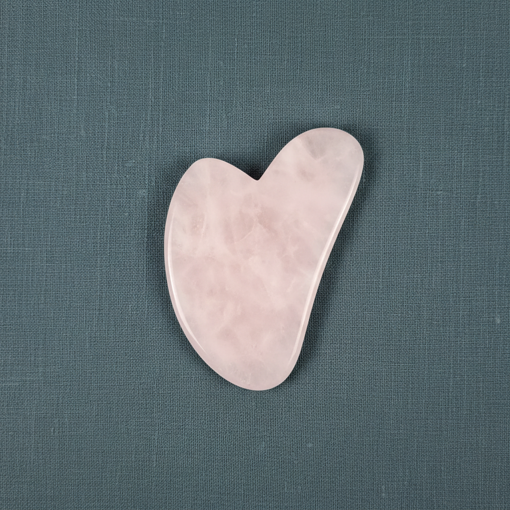 A rose quartz gua sha facial tool displayed on a muted teal linen background with soft lighting. — for Carpe Diem Dream