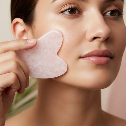 A rose quartz gua sha facial tool being gently used on the cheek, showing size and contact against the skin in soft natural light. — for Carpe Diem Dream