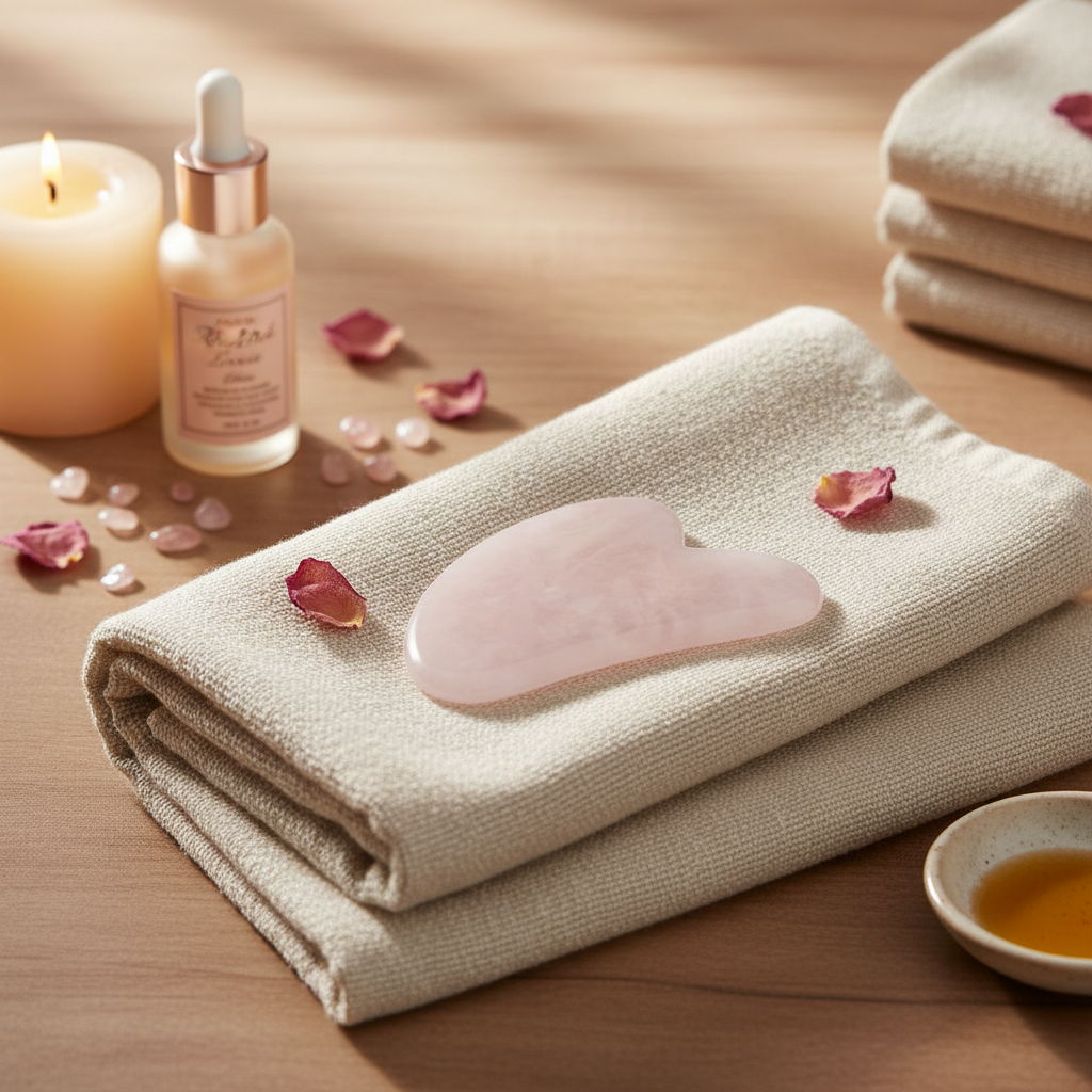 A rose quartz gua sha facial tool resting on folded towels beside a candle, serum bottle, and scattered rose petals in a warm spa setting. — for Carpe Diem Dream