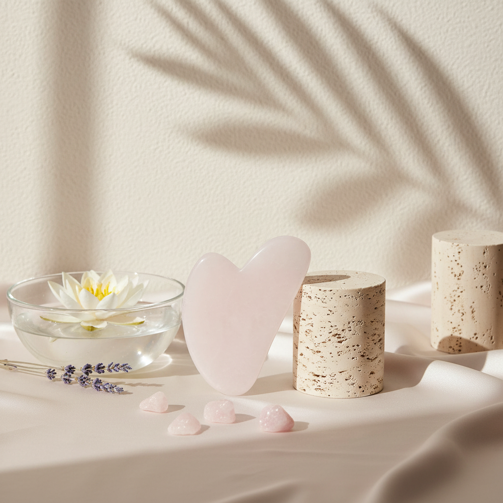 A rose quartz gua sha facial tool displayed on a soft neutral surface with a glass bowl holding a floating flower, small pink stones, and botanical shadows in the background. — for Carpe Diem Dream