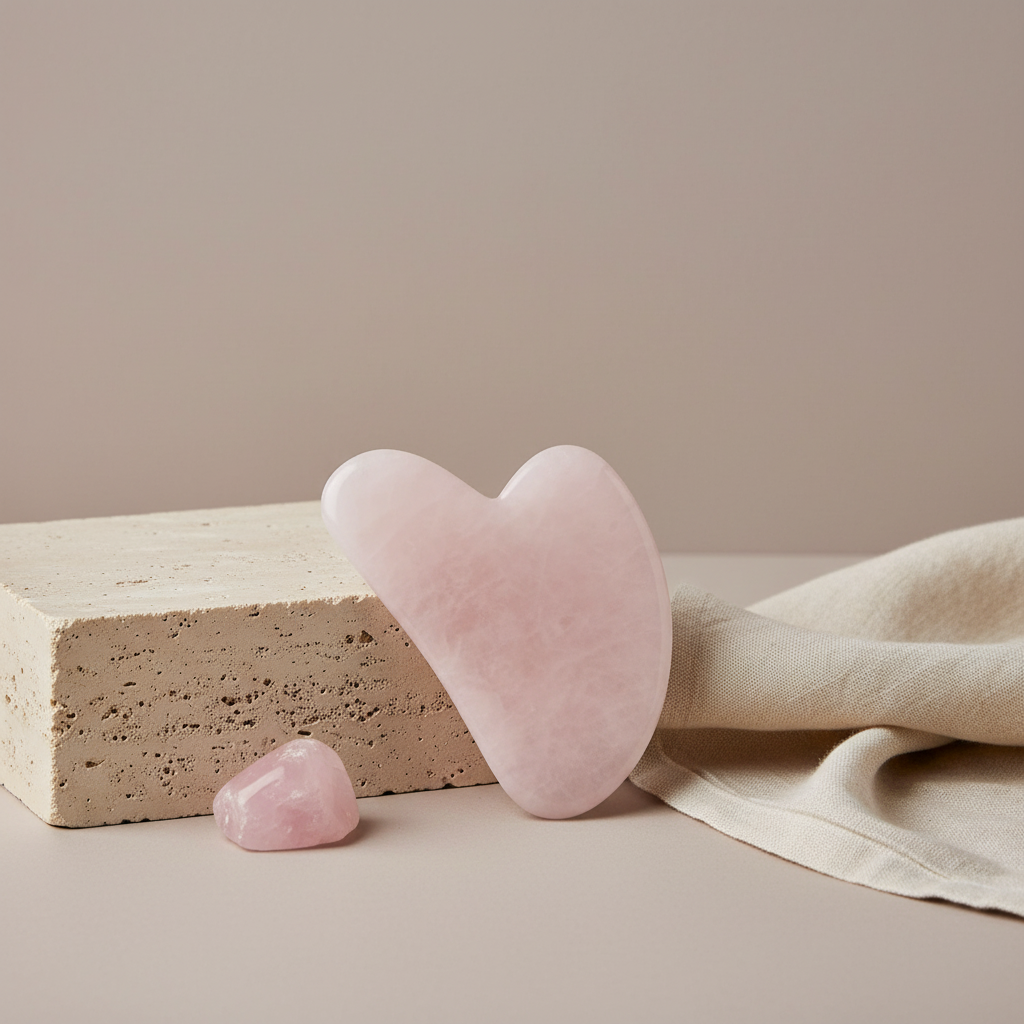 A rose quartz gua sha facial tool displayed on a soft neutral surface with a folded fabric and a small pink stone accent. — for Carpe Diem Dream