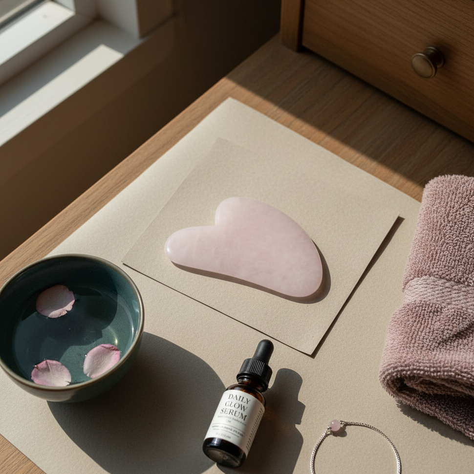 A rose quartz gua sha facial tool resting on a neutral surface beside a serum bottle, bowl with petals, and folded towel in soft natural morning light. — for Carpe Diem Dream