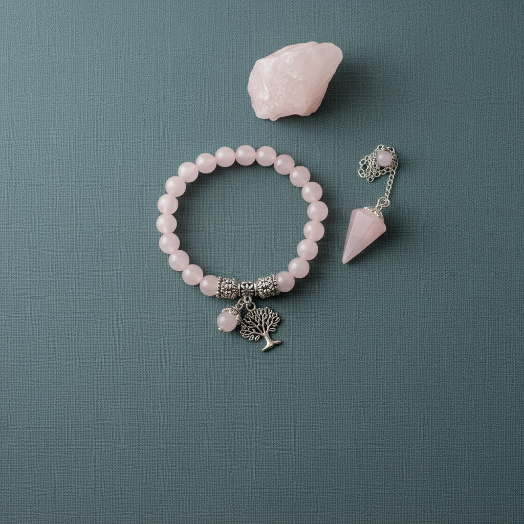 Rose Quartz Healing Crystal Set featuring a bracelet, pendulum, and raw gemstone on a soft teal textured background – for Carpe Diem Dream.