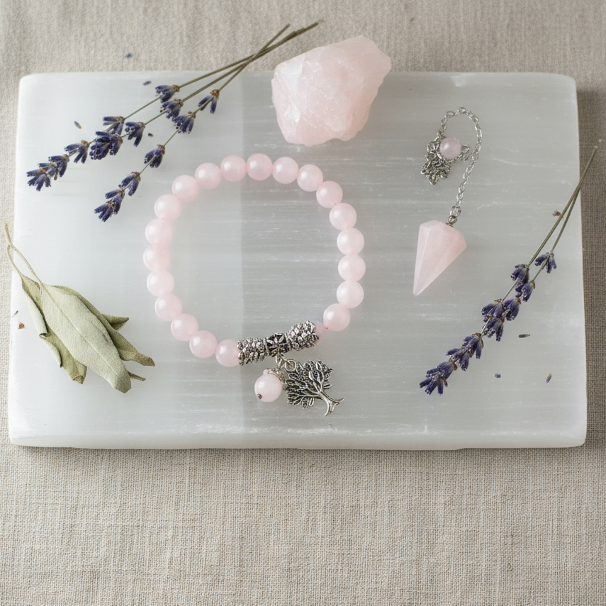Rose Quartz Healing Crystal Set arranged on a white selenite slab with dried lavender and sage sprigs, styled in soft natural light – for Carpe Diem Dream.