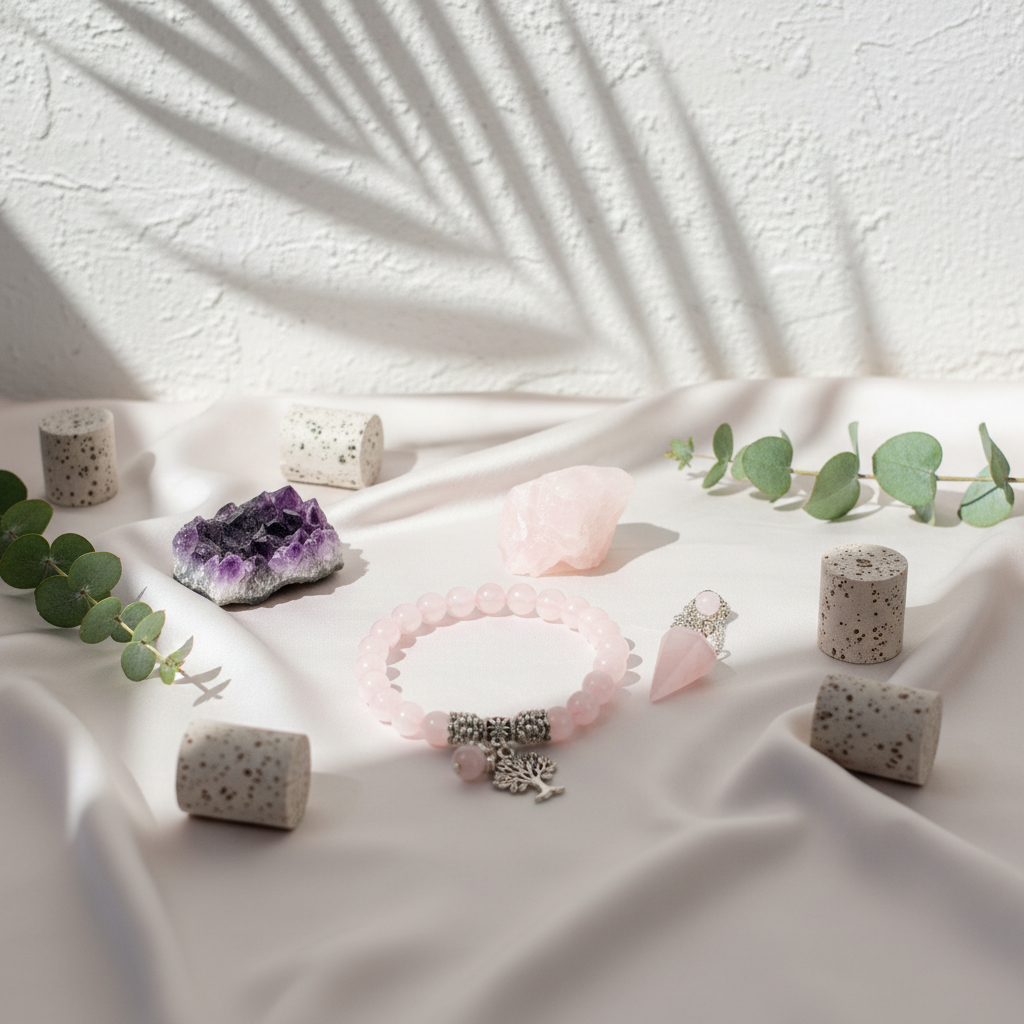 Rose Quartz Healing Crystal Set displayed on blush silk with travertine stone, amethyst, rose quartz, and eucalyptus in soft natural light – for Carpe Diem Dream.