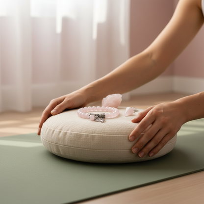 Rose Quartz Healing Crystal Set resting on a meditation cushion during a calm yoga practice, illuminated by soft morning light – for Carpe Diem Dream.