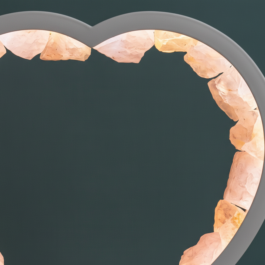 A close-up view of rose quartz crystal points lining a curved heart frame against a muted teal backdrop in soft natural light. — for Carpe Diem Dream