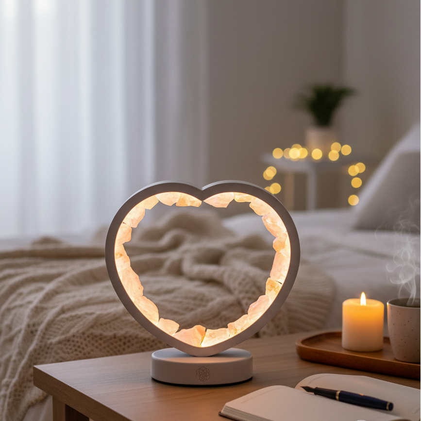A heart-shaped rose quartz lamp glowing on a wooden bedside table beside a lit candle, open journal, and soft knit blanket in a warmly lit bedroom. — for Carpe Diem Dream
