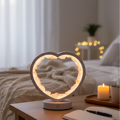 A heart-shaped rose quartz lamp glowing on a wooden bedside table beside a lit candle, open journal, and soft knit blanket in a warmly lit bedroom. — for Carpe Diem Dream
