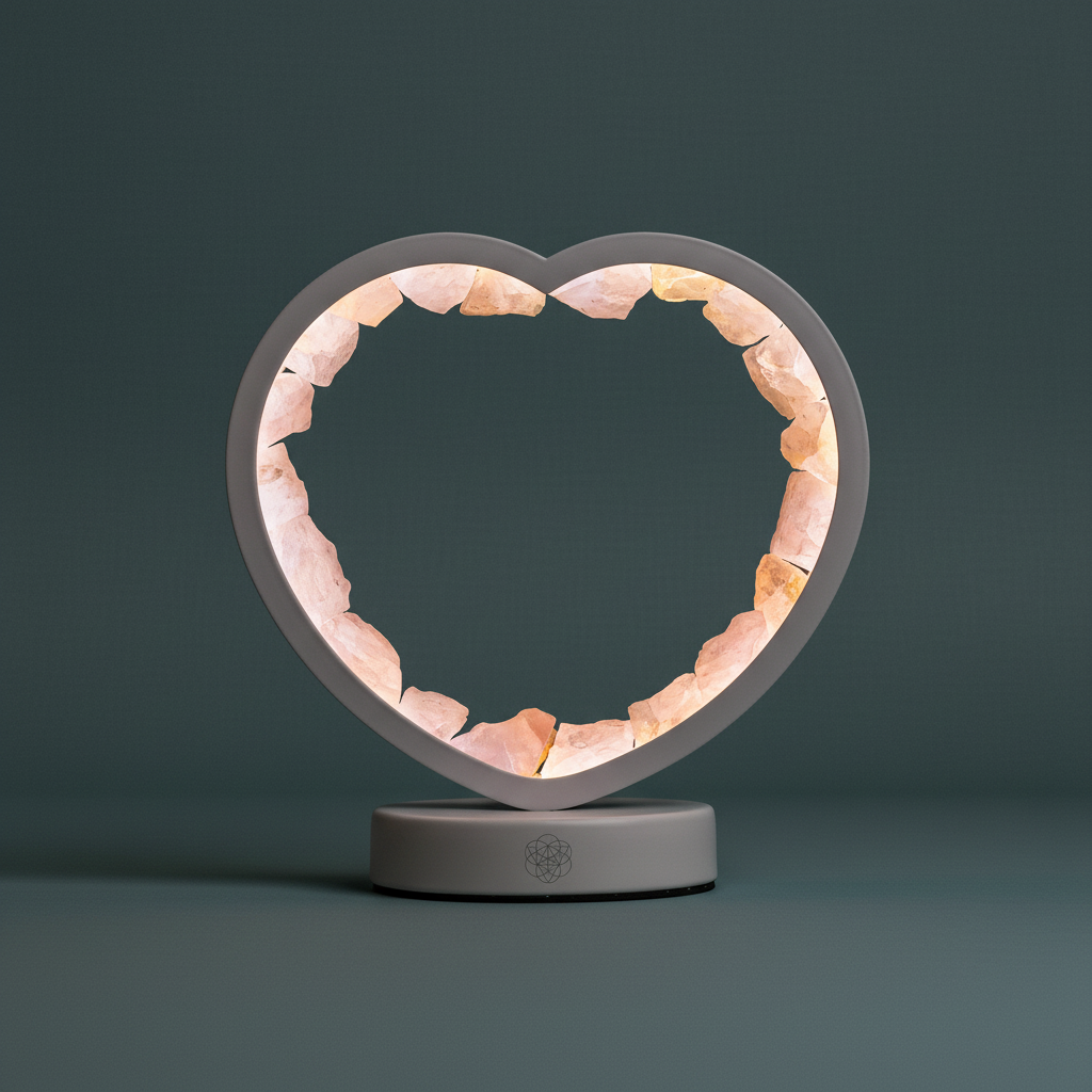 A heart-shaped rose quartz lamp glowing softly on a muted teal surface in diffused natural light. — for Carpe Diem Dream