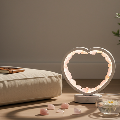 A heart-shaped rose quartz lamp glowing gently beside a meditation cushion with scattered rose quartz pieces and a floating lotus bowl in soft natural light. — for Carpe Diem Dream