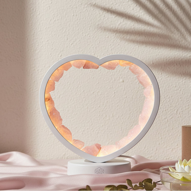 A heart-shaped rose quartz lamp glowing softly on a blush satin surface beside eucalyptus sprigs and a floating lotus bowl in warm natural light. — for Carpe Diem Dream