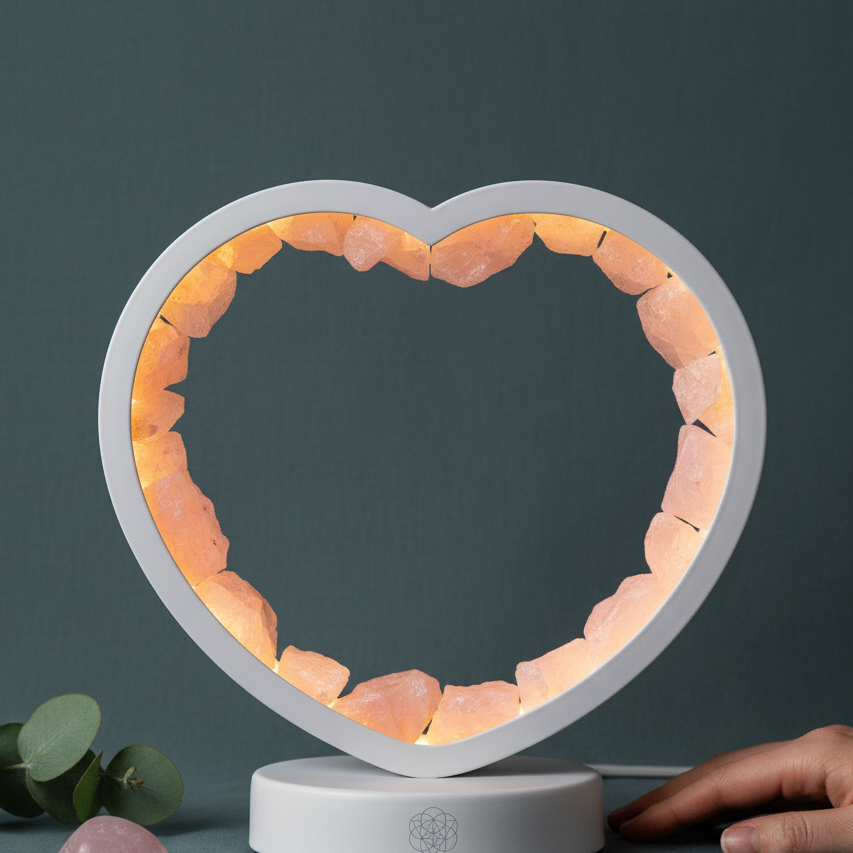 A heart-shaped rose quartz lamp glowing on a muted teal backdrop with a hand reaching toward the stones, showing both scale and symbolism. — for Carpe Diem Dream