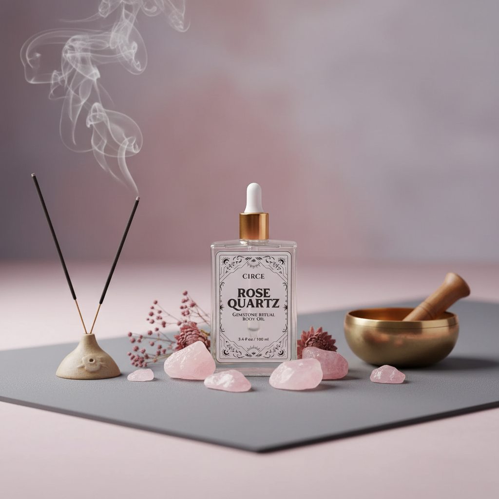 Rose Quartz Ritual Body Oil bottle displayed with incense smoke, rose quartz crystals, and a singing bowl in a peaceful meditation setting. — for Carpe Diem Dream