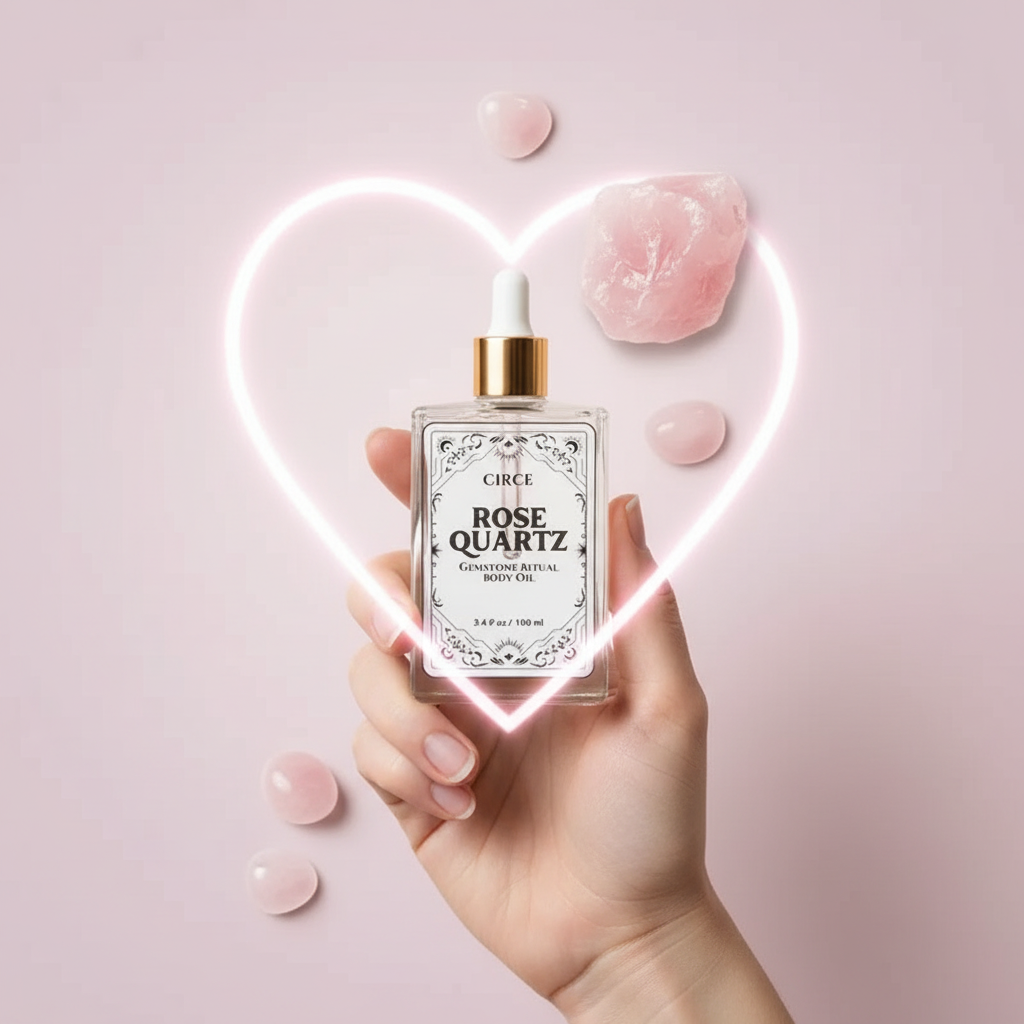 Hand holding Rose Quartz Ritual Body Oil bottle surrounded by rose quartz stones with a glowing heart symbol. — for Carpe Diem Dream
