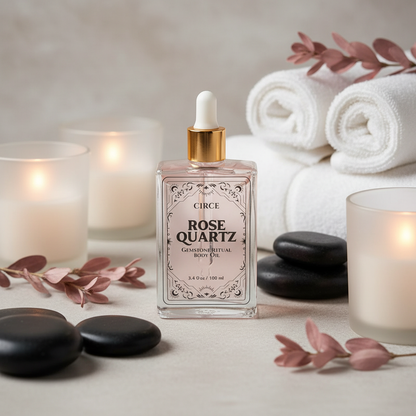 Rose Quartz Ritual Body Oil bottle displayed with candles, spa stones, and folded towels in a relaxing spa setting. — for Carpe Diem Dream