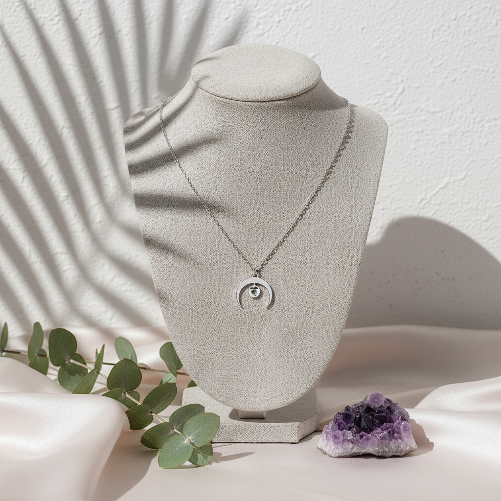 Sacral Chakra Moon Coin Necklace displayed on white jewelry bust with pink silk, eucalyptus, and amethyst — for Carpe Diem Dream